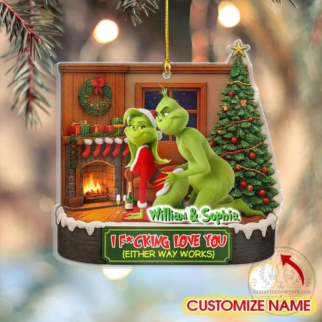 Custom Christmas Tree Ornament featuring Grinch and Cindy Lou Who