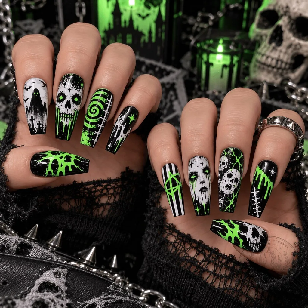 Misfits Crimson Ghost Horror Punk Green Skull Halloween Press-On Nails Set Misfits Crimson Ghost Horror Punk Green Skull Halloween Press-On Nails Set