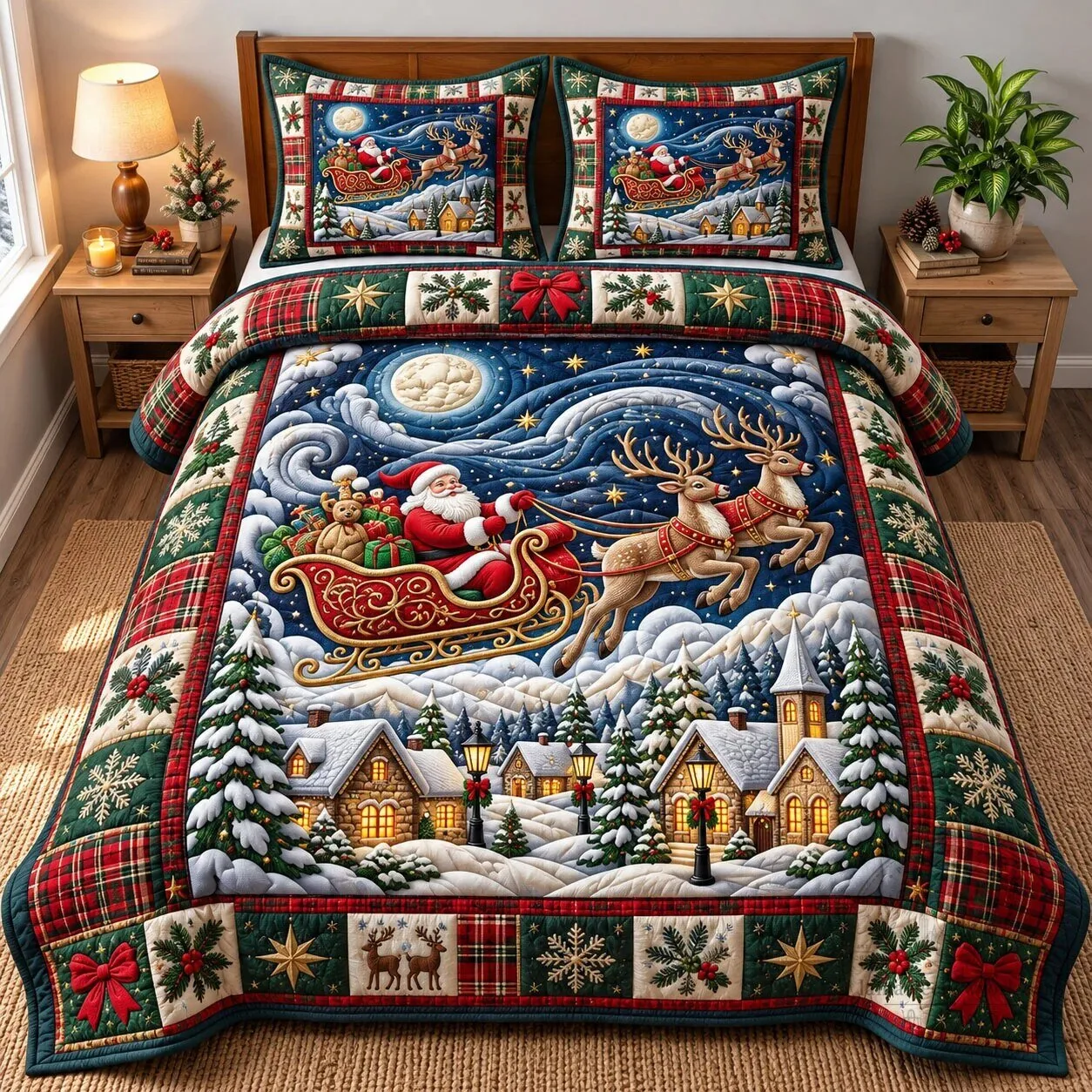 Santa Claus Sleigh Ride Christmas Village Holiday Quilted Bedding Set