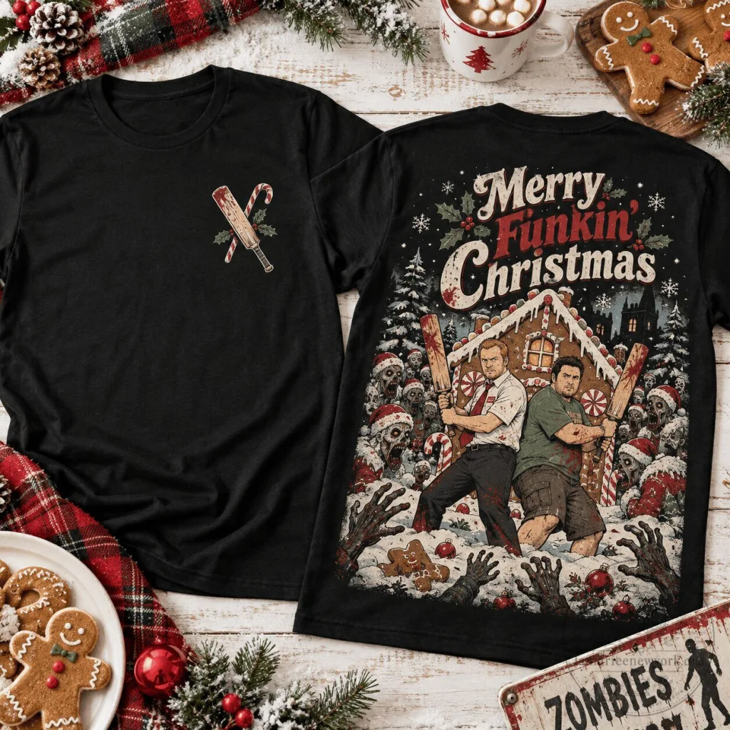 Shaun of the Dead Merry Christmas Zombie Gingerbread House T-Shirt Shaun of the Dead Merry Christmas Zombie Gingerbread House T-Shirt