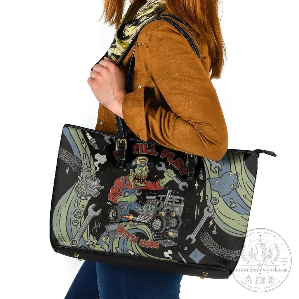 Zombie Mechanic Hot Rod Vintage Car Tools Art Leather Tote Bag