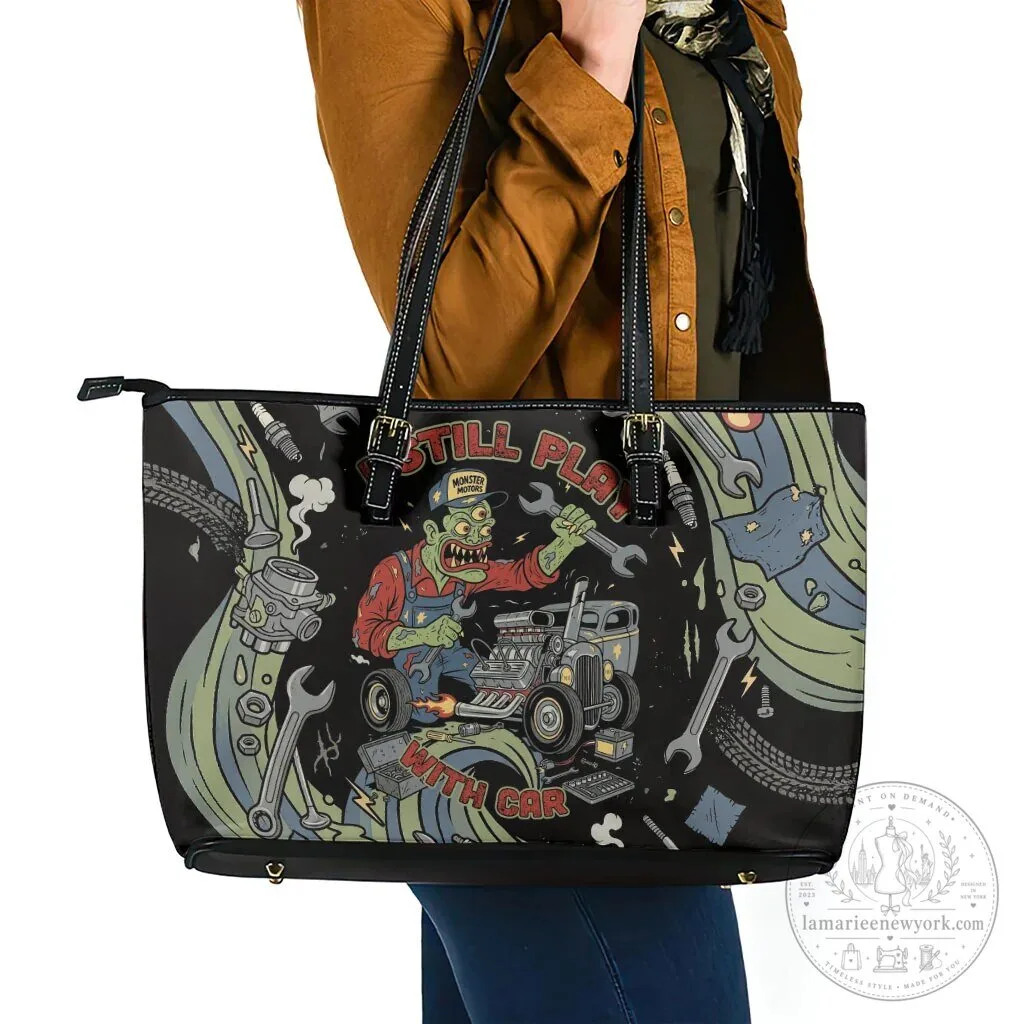 Zombie Mechanic Hot Rod Vintage Car Tools Art Leather Tote Bag 7 Zombie Mechanic Hot Rod Vintage Car Tools Art Leather Tote Bag