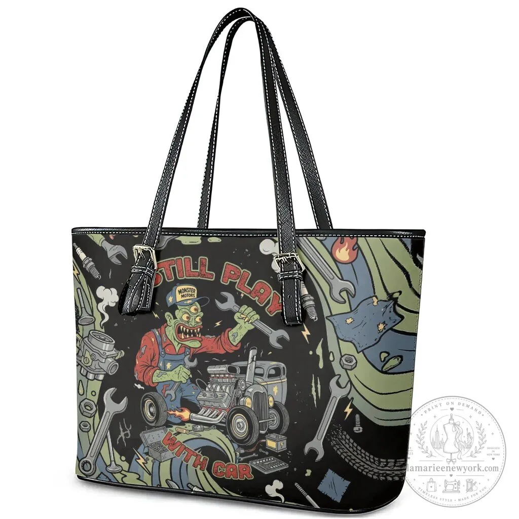 Zombie Mechanic Hot Rod Vintage Car Tools Art Leather Tote Bag 9 Zombie Mechanic Hot Rod Vintage Car Tools Art Leather Tote Bag
