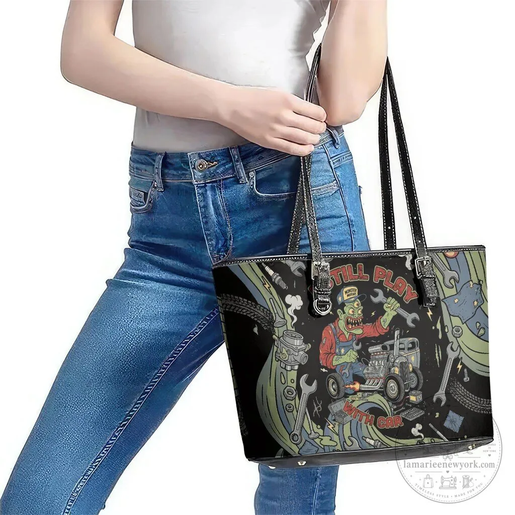 Zombie Mechanic Hot Rod Vintage Car Tools Art Leather Tote Bag 10 Zombie Mechanic Hot Rod Vintage Car Tools Art Leather Tote Bag