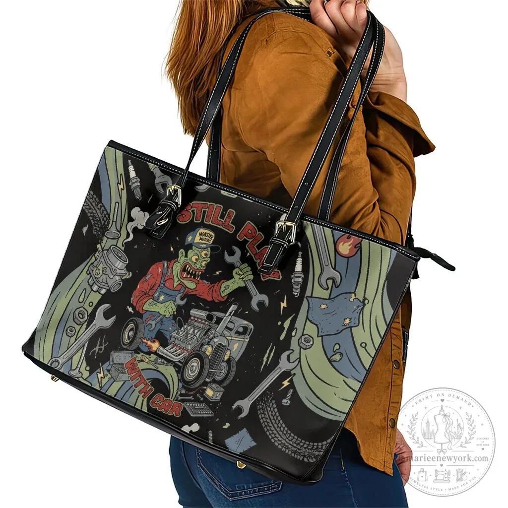 Zombie Mechanic Hot Rod Vintage Car Tools Art Leather Tote Bag 11 Zombie Mechanic Hot Rod Vintage Car Tools Art Leather Tote Bag