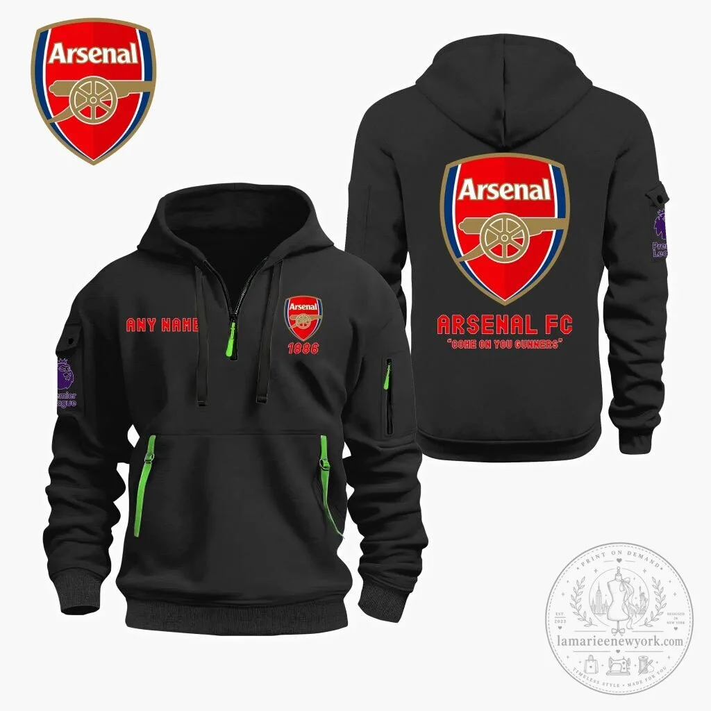 Arsenal Football Club Personalized Quarter Zip Hoodie with Premier League Logo