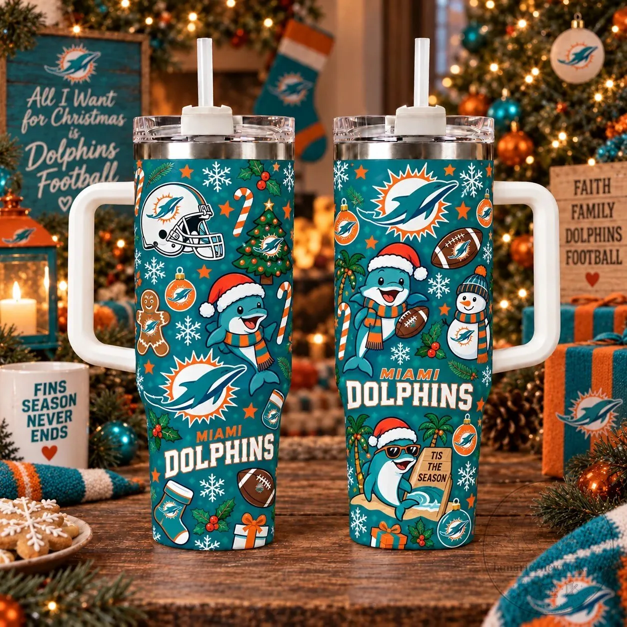 Miami Dolphins Christmas Holiday Football Team Fan Tumbler with Handle