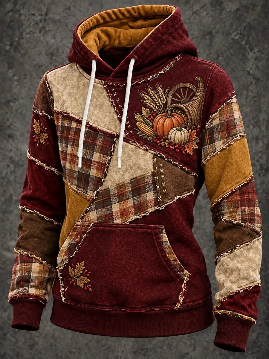 Vintage Thanksgiving Plaid Patchwork Cozy Hoodie