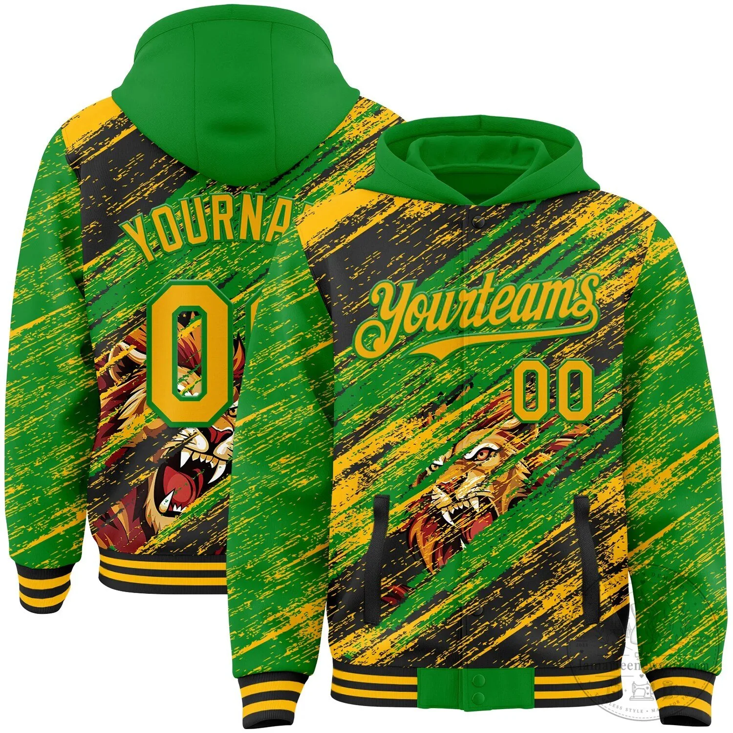 Custom Green Gold Black Lion Scratch Brush Stroke Varsity Letterman Hoodie Jacket