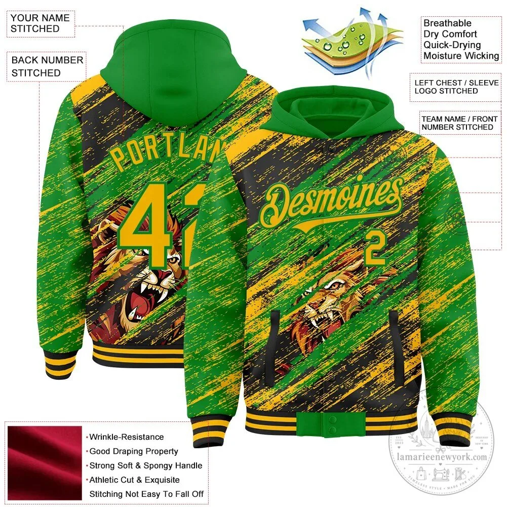 Custom Green Gold Black Lion Scratch Brush Stroke Varsity Letterman Hoodie Jacket 9 Custom Green Gold Black Lion Scratch Brush Stroke Varsity Letterman Hoodie Jacket