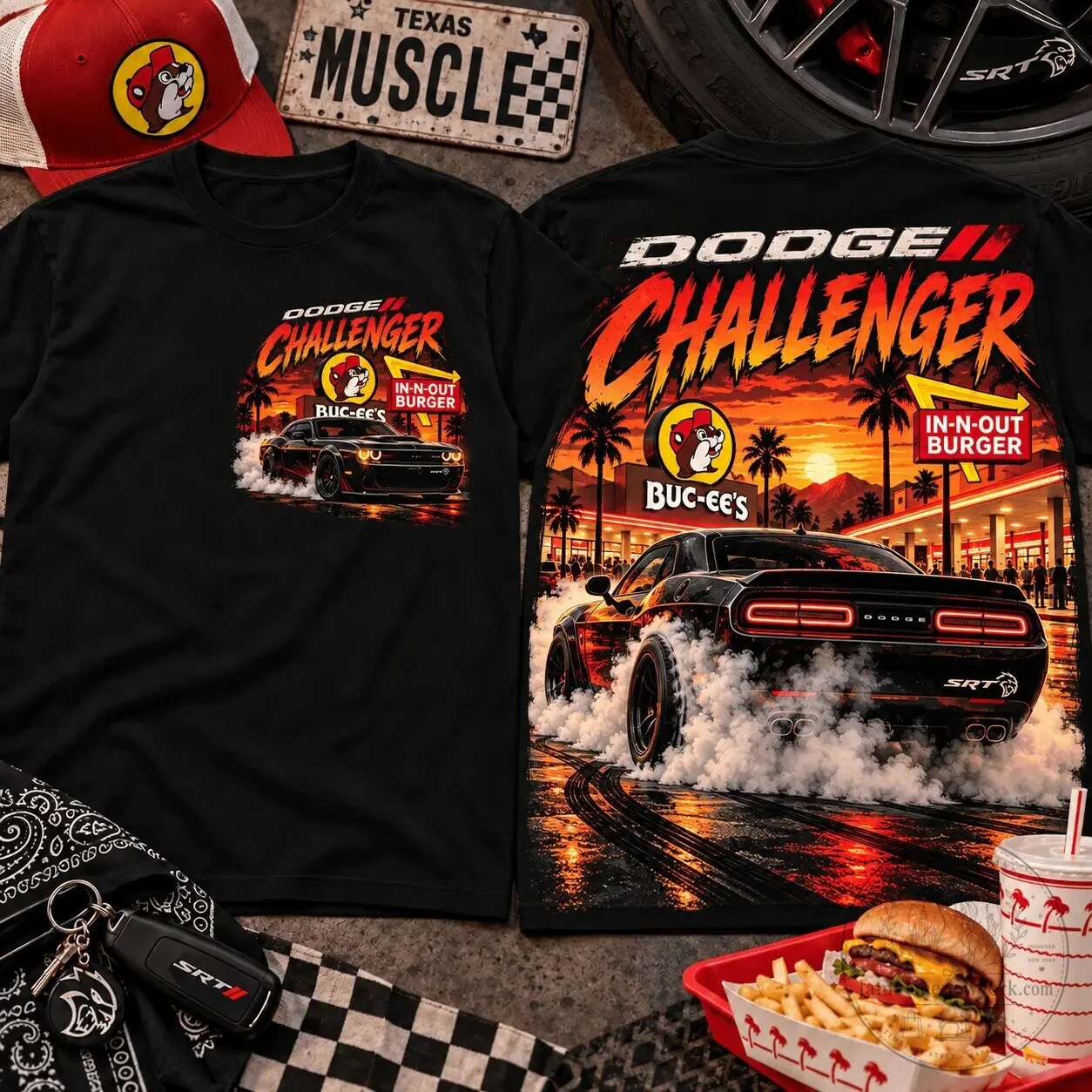 Dodge Challenger Muscle Car Buc-ee's In-N-Out Burger Graphic T-Shirt 3 dodge challenger muscle car buc ee s in n out burger graphic t shirt gallery 1