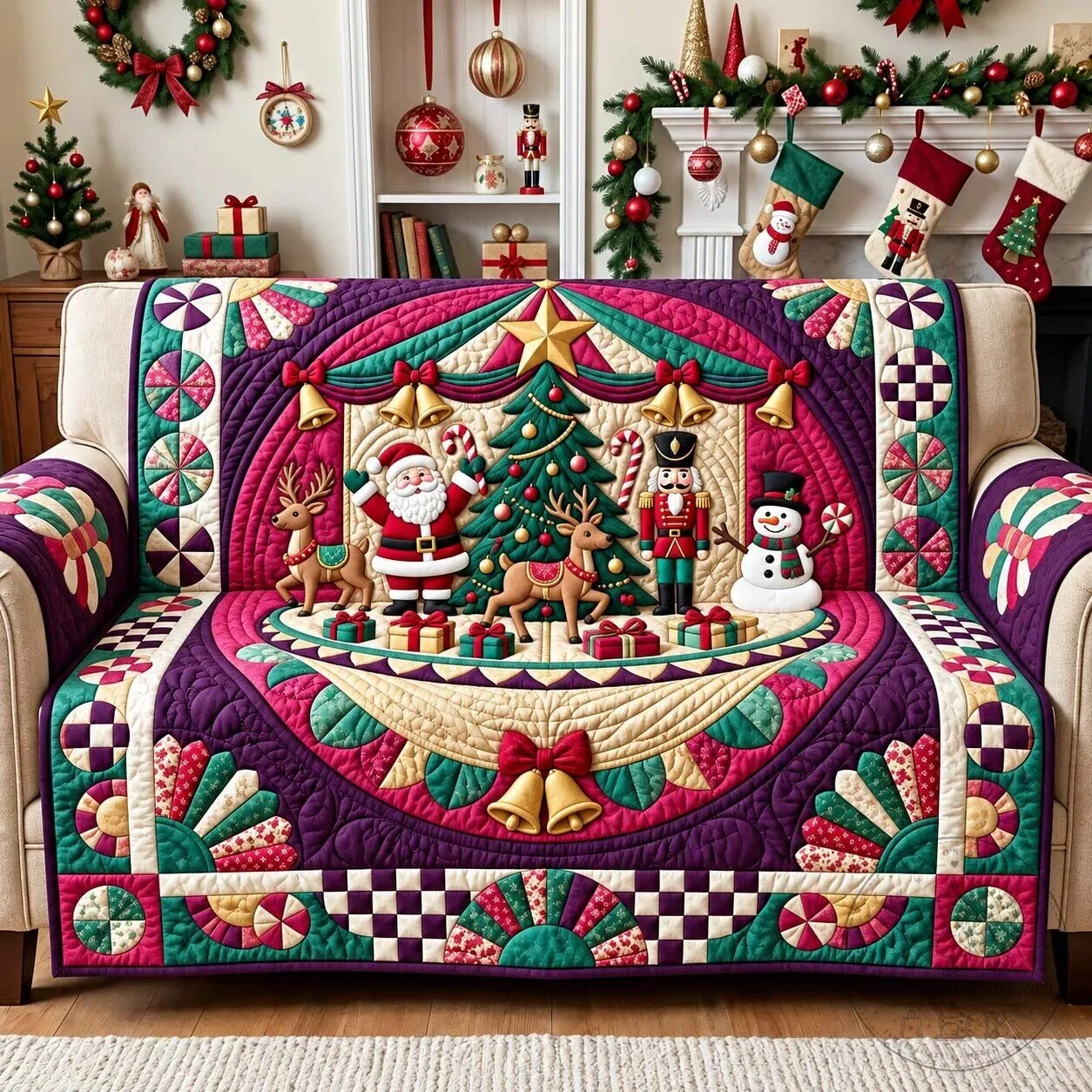 Christmas Theater Parade Quilted Sofa Cover Festive Holiday Decor