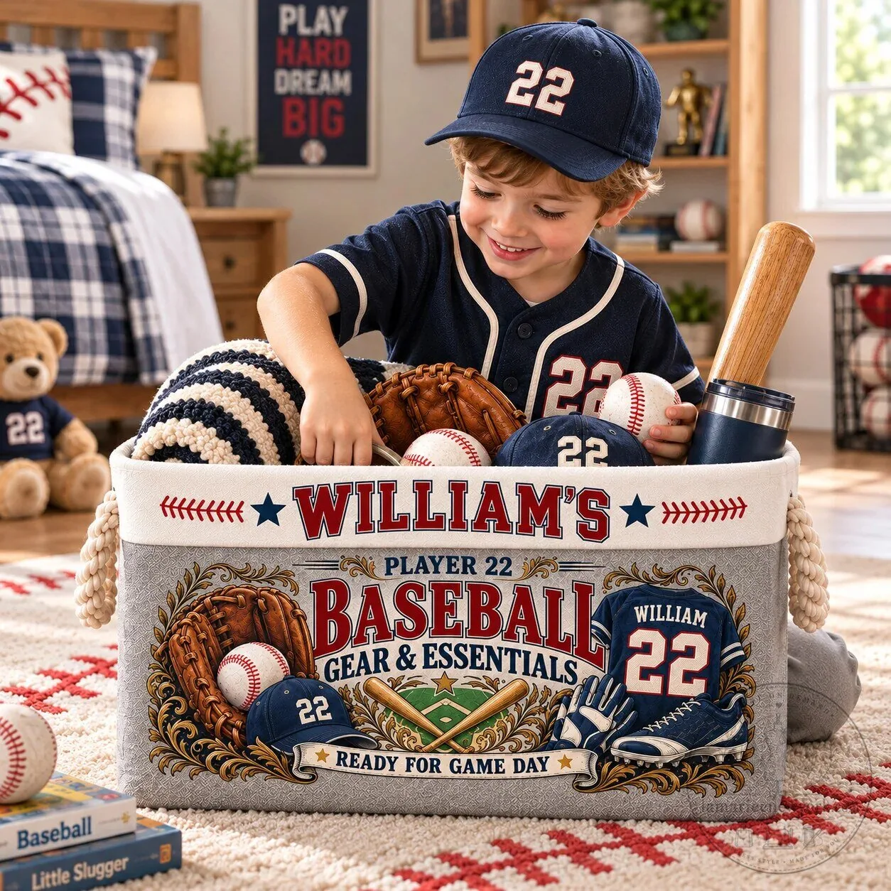 Personalized Baseball Storage Basket with Custom Name and Jersey Number