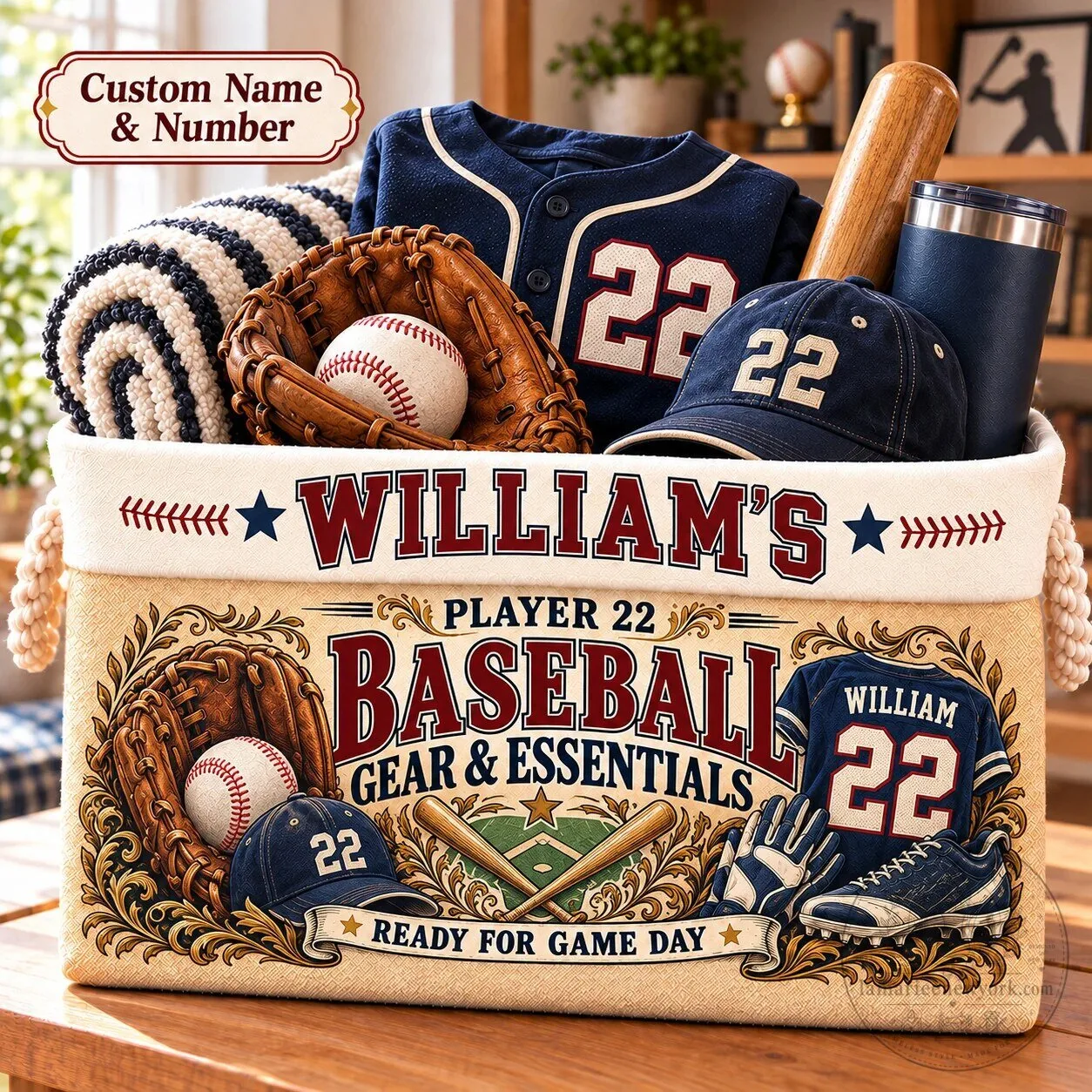 Personalized Baseball Storage Basket with Custom Name and Jersey Number 7 Personalized Baseball Storage Basket with Custom Name and Jersey Number
