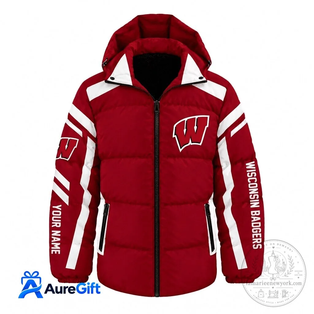 Wisconsin Badgers NCAA Custom Name Red Puffer Jacket with Hood