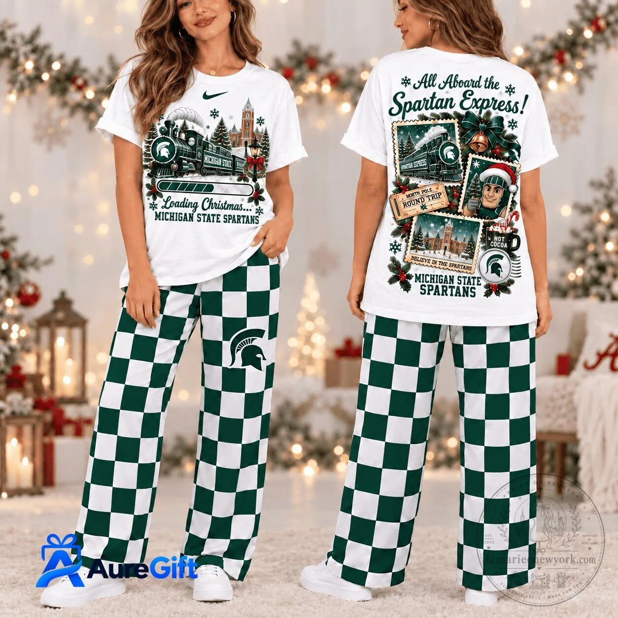 Michigan State Spartans Christmas Holiday Train Pajamas Set