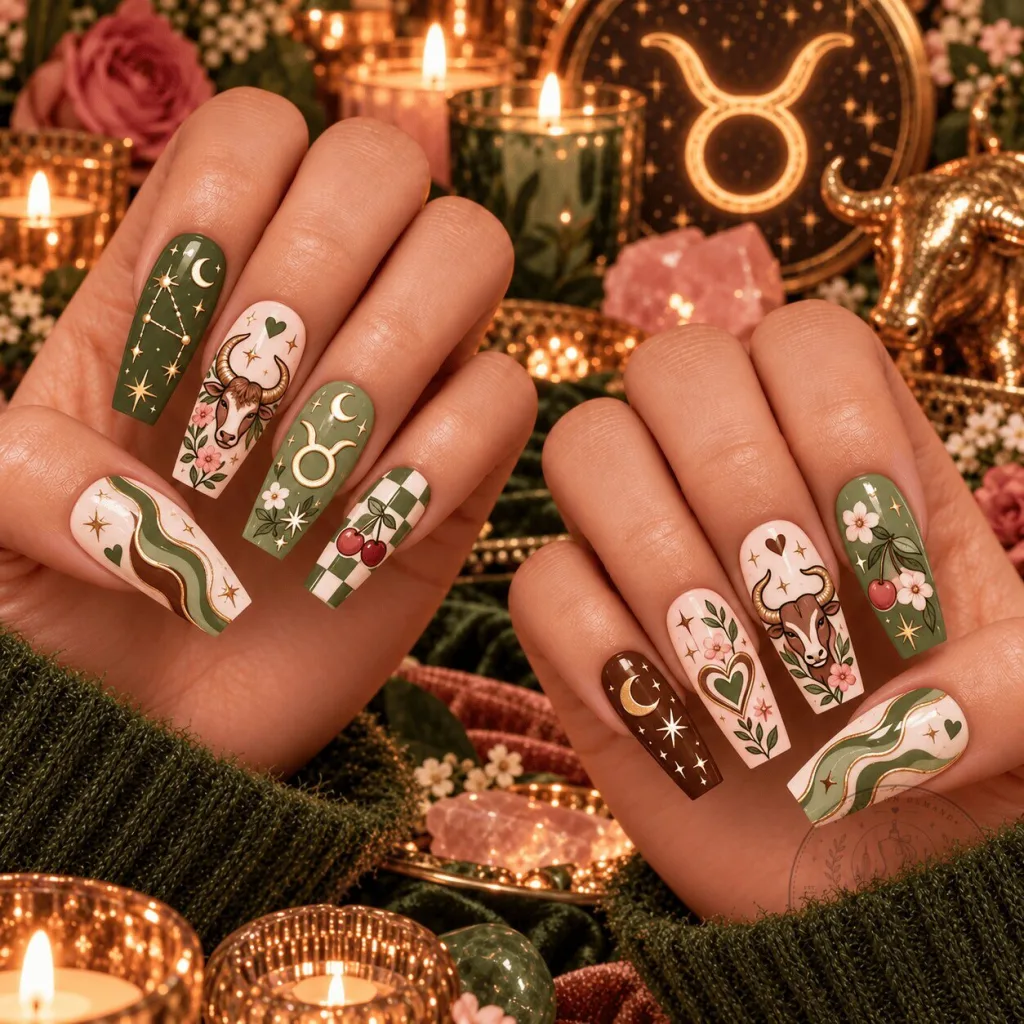 Taurus Zodiac Sign Earthy Floral Pattern Press-On Nails Set 32 Taurus Zodiac Sign Earthy Floral Pattern Press-On Nails Set