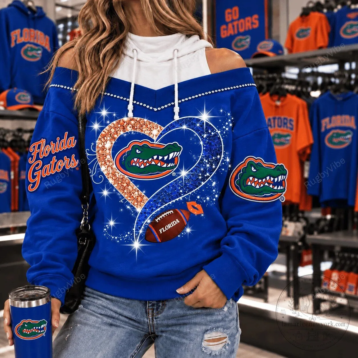 Florida Gators Sparkle Heart Football Team Logo Blue Off Shoulder Hoodie