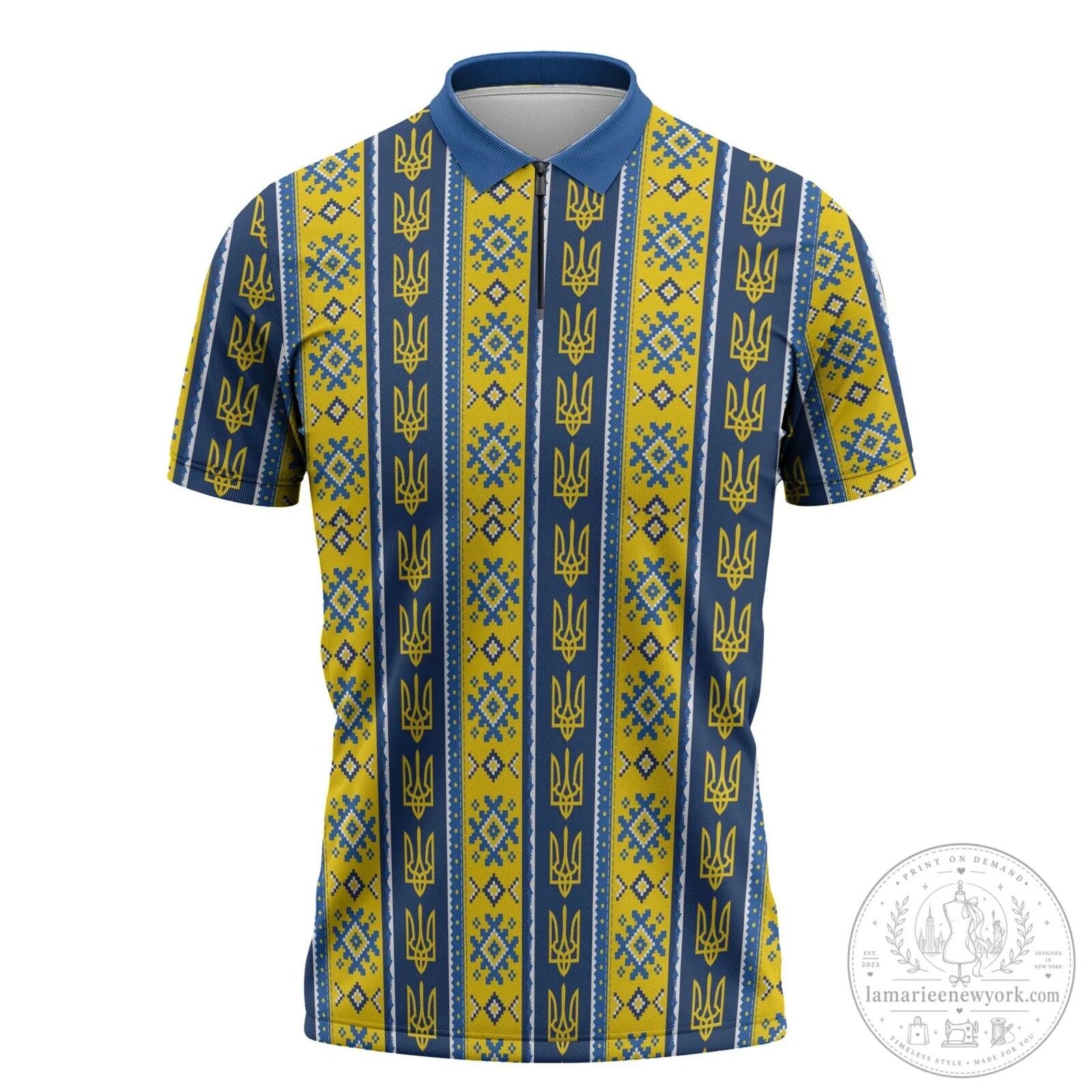 Ukrainian Trident Pattern Blue and Yellow Striped Zipper Polo Shirt 4 Ukrainian Trident Pattern Blue and Yellow Striped Zipper Polo Shirt