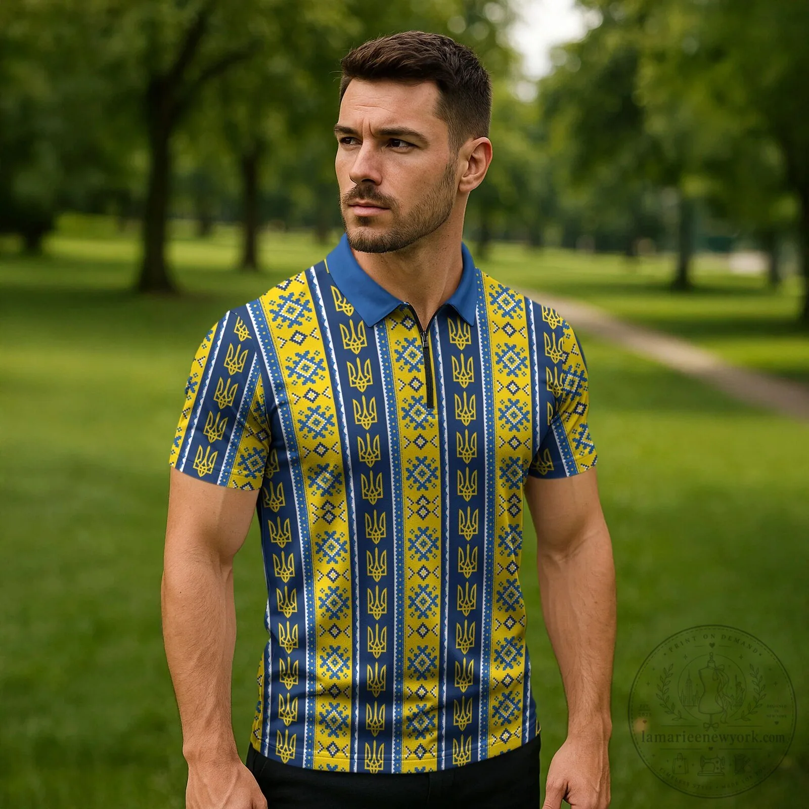 Ukrainian Trident Pattern Blue and Yellow Striped Zipper Polo Shirt 6 Ukrainian Trident Pattern Blue and Yellow Striped Zipper Polo Shirt