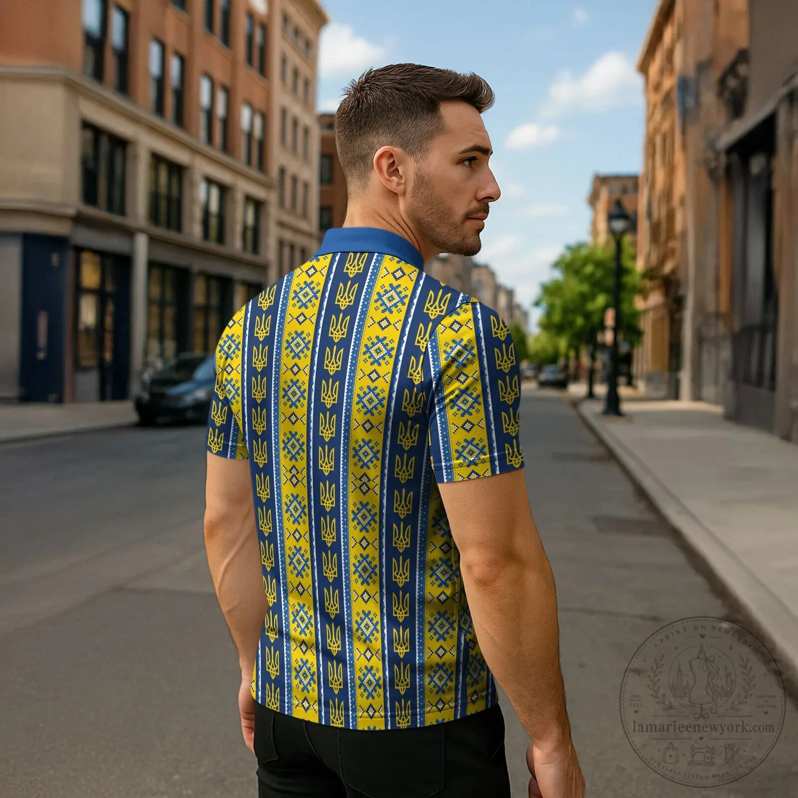Ukrainian Trident Pattern Blue and Yellow Striped Zipper Polo Shirt 7 Ukrainian Trident Pattern Blue and Yellow Striped Zipper Polo Shirt