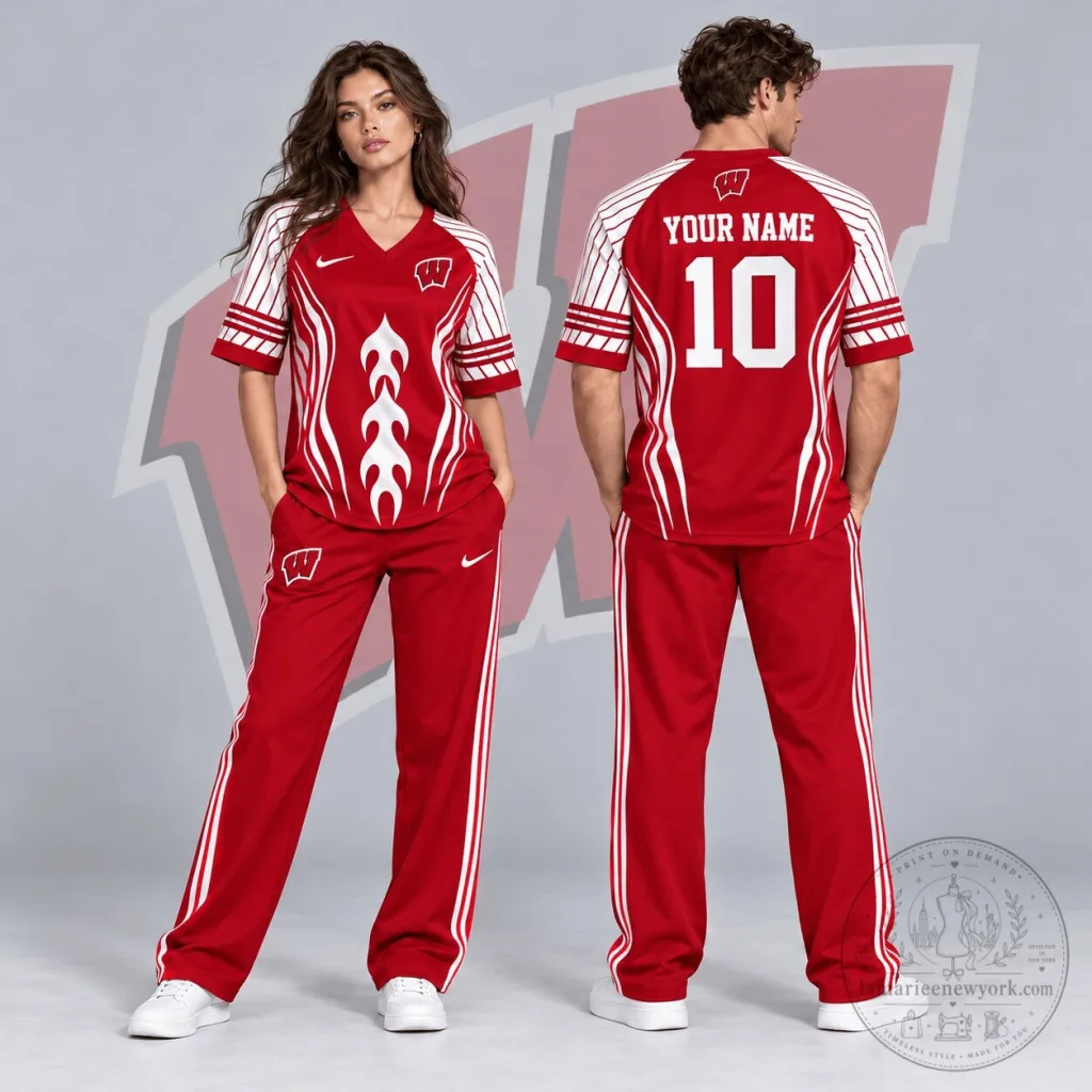 Wisconsin Badgers Flame Stripe Personalized V-Neck Football Jersey Wisconsin Badgers Flame Stripe Personalized V-Neck Football Jersey
