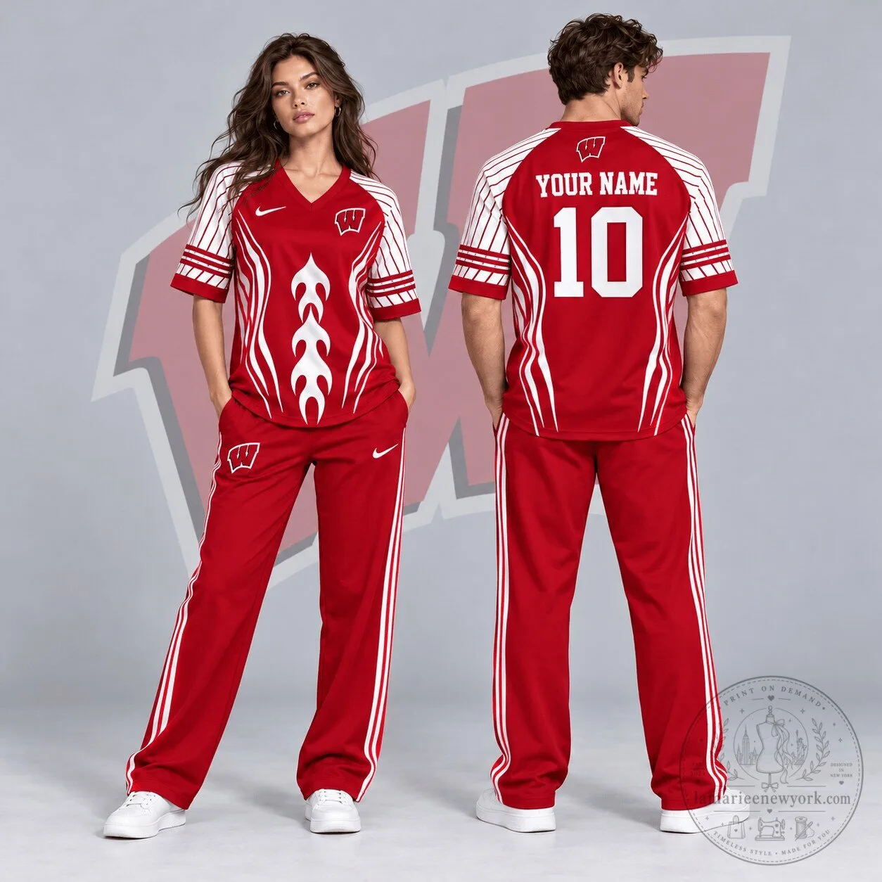 Wisconsin Badgers Flame Stripe Personalized V-Neck Football Jersey