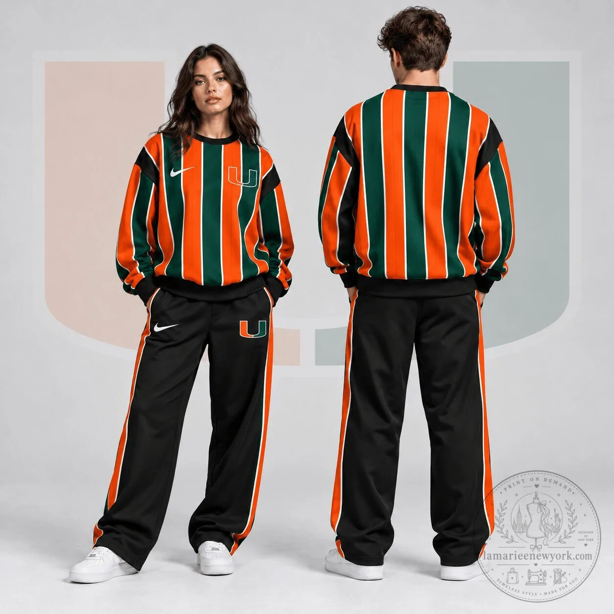 Miami Hurricanes Vertical Stripe Crewneck Sweatshirt and Wide Leg Track Pants Set