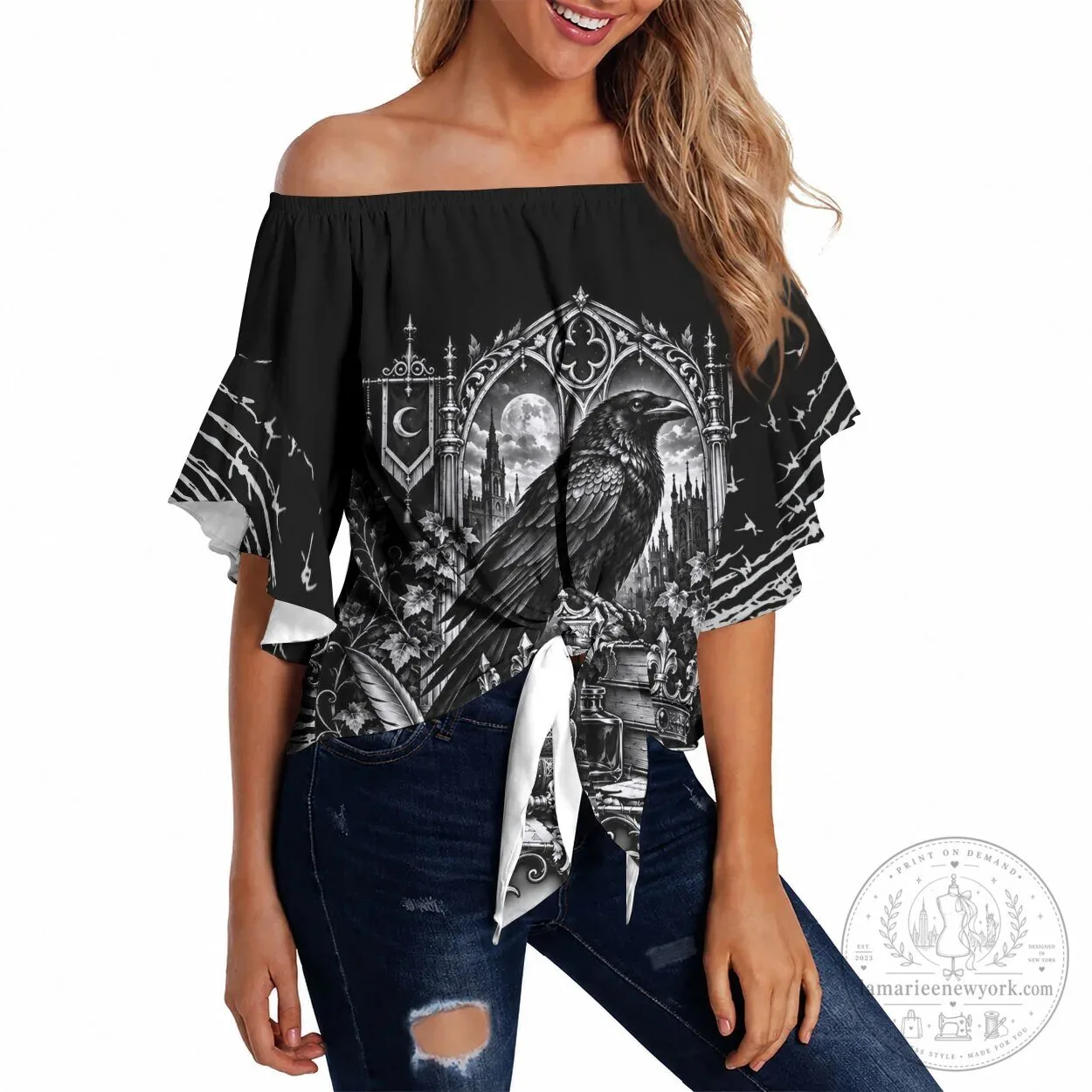 Dark Academia Raven Gothic Literature Vintage Bookish Aesthetic Off Shoulder Top