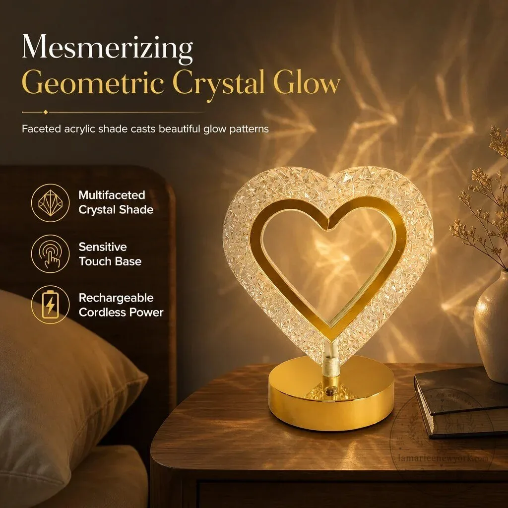 Heart Shaped Crystal Night Light with Touch Control and Rechargeable Cordless Power