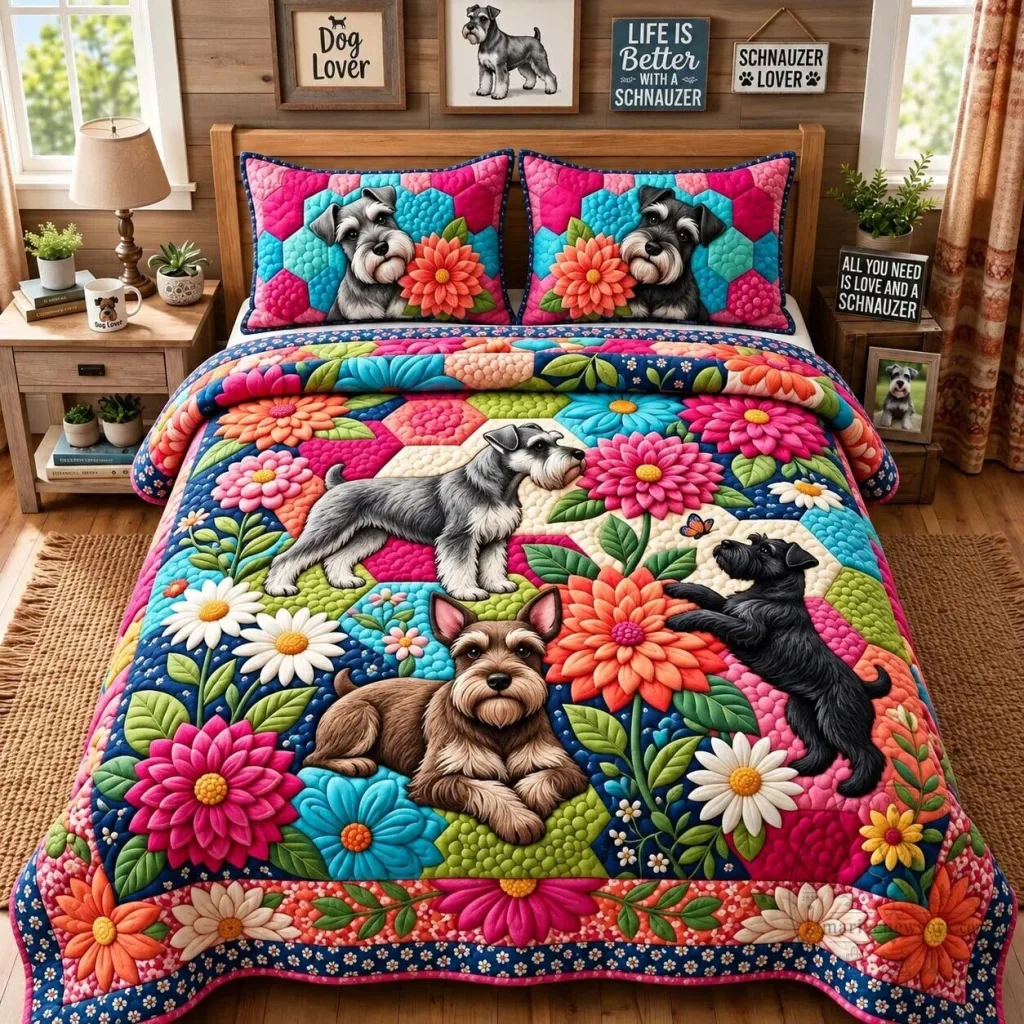 Schnauzer Dog Floral Quilted Blanket Bedding Set Schnauzer Dog Floral Quilted Blanket Bedding Set