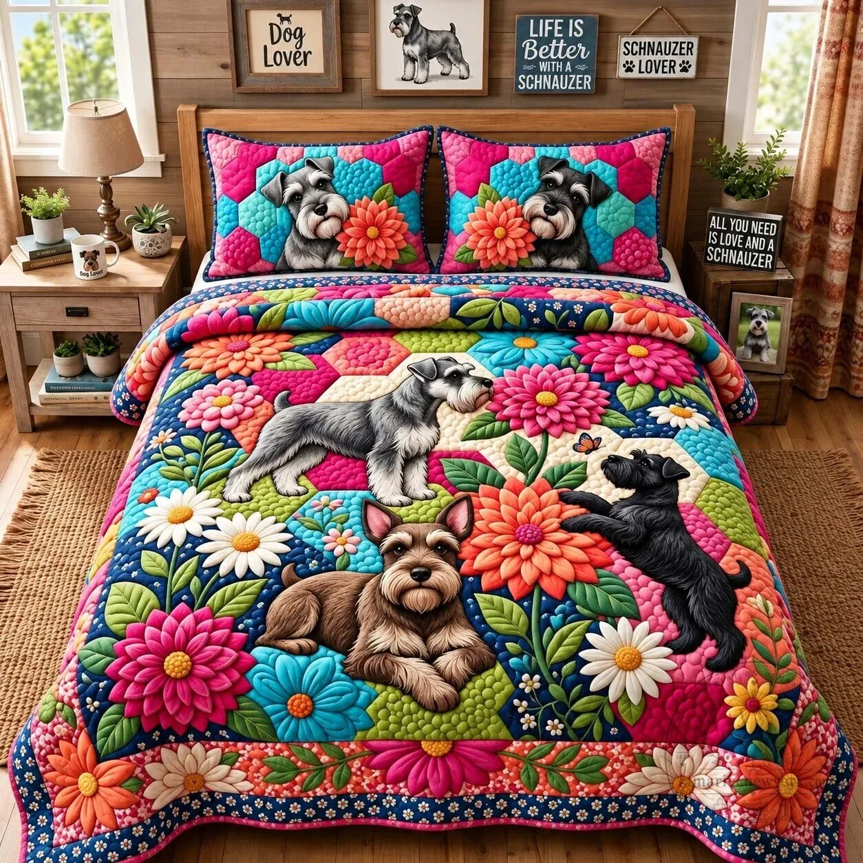 Schnauzer Dog Floral Quilted Blanket Bedding Set