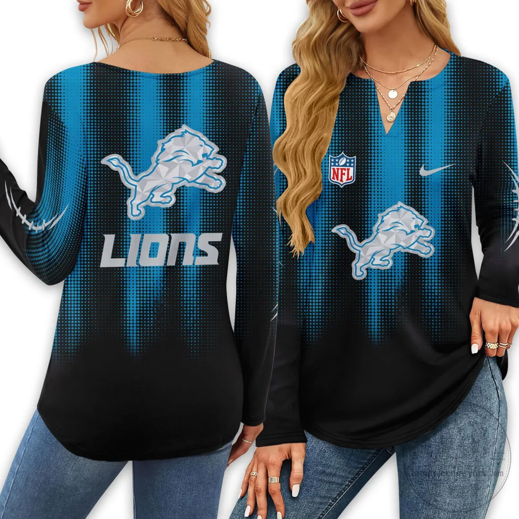 Detroit Lions Shirt NFL Football Team Long Sleeve V-Neck Top for Women Detroit Lions Shirt NFL Football Team Long Sleeve V-Neck Top for Women