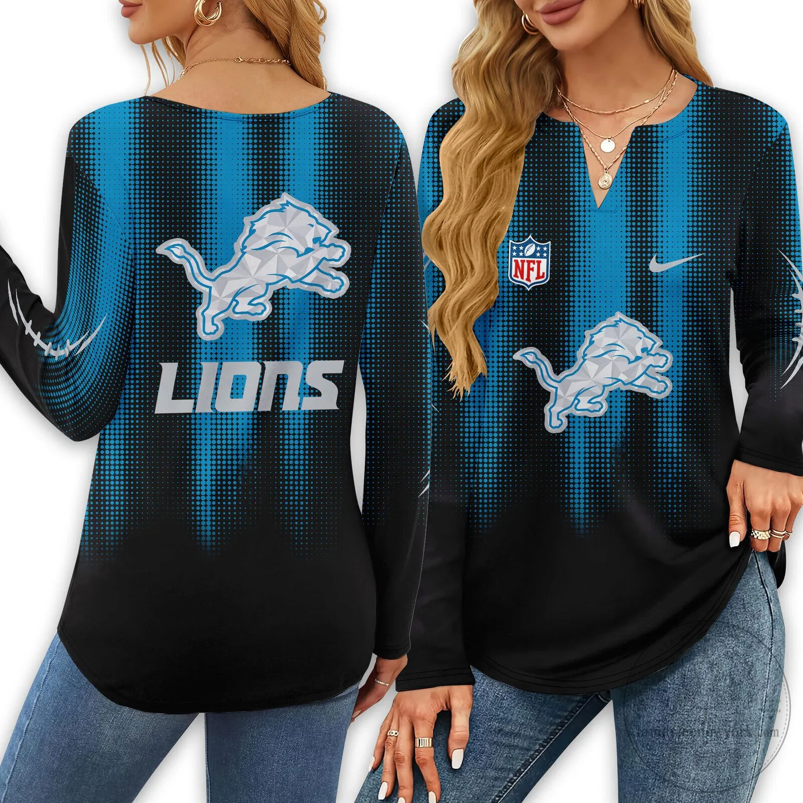 Detroit Lions Shirt NFL Football Team Long Sleeve V-Neck Top for Women