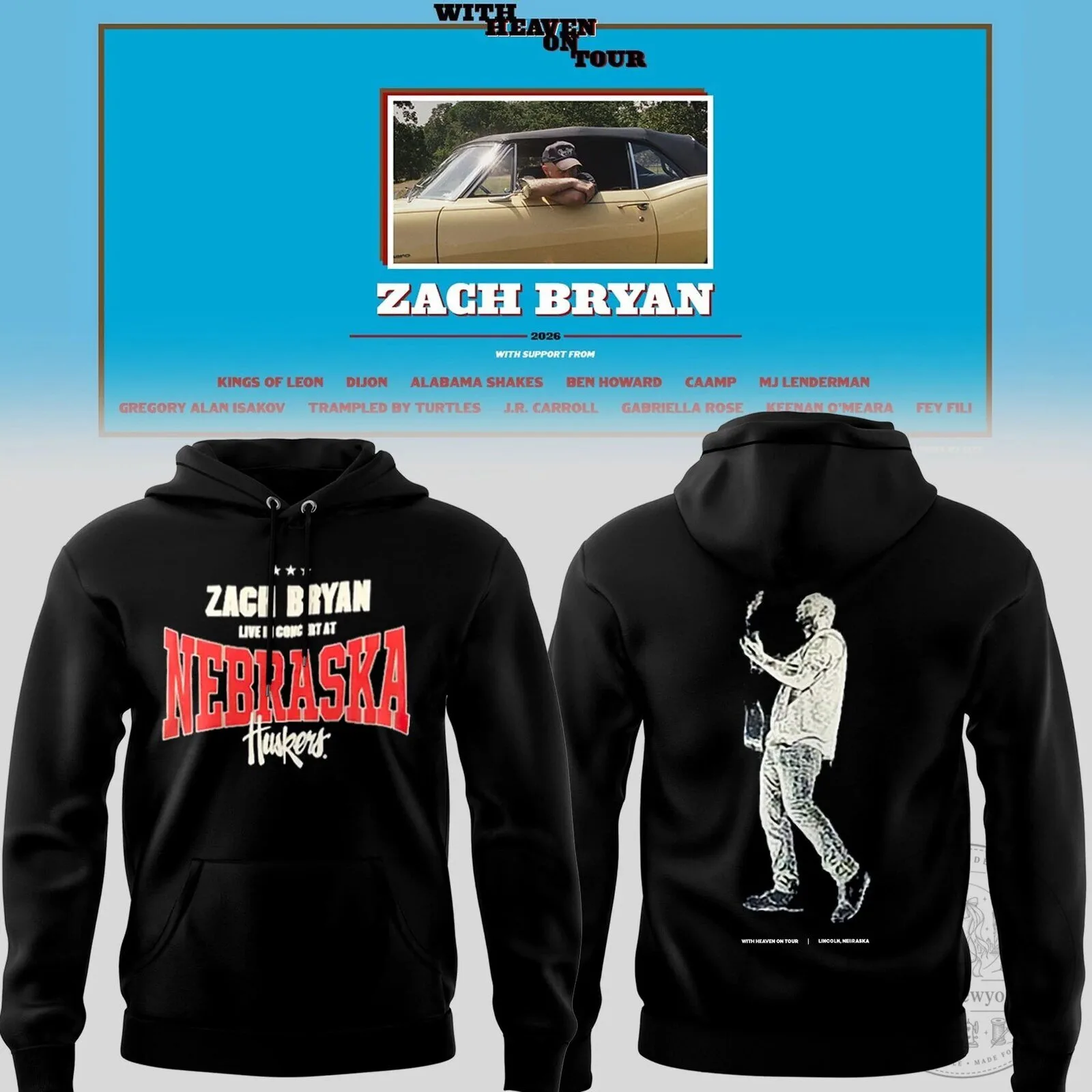 Zach Bryan Live in Nebraska Huskers Concert Tour 2026 Black Hoodie