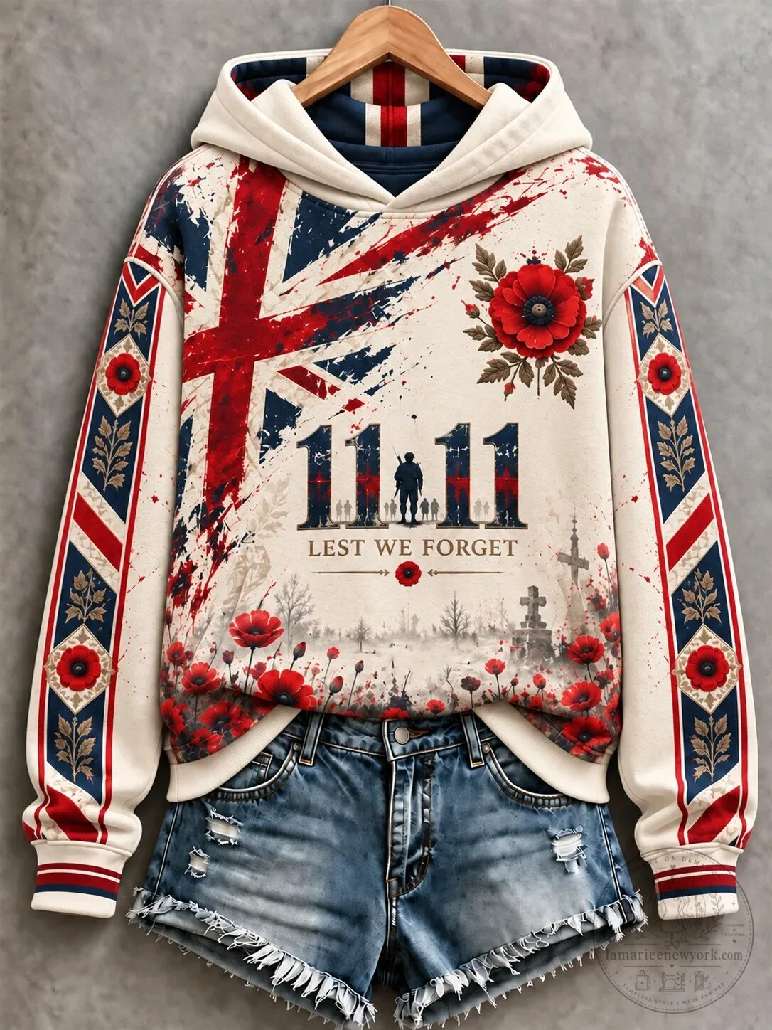 Remembrance Day Lest We Forget Poppy Union Jack Hoodie for Women