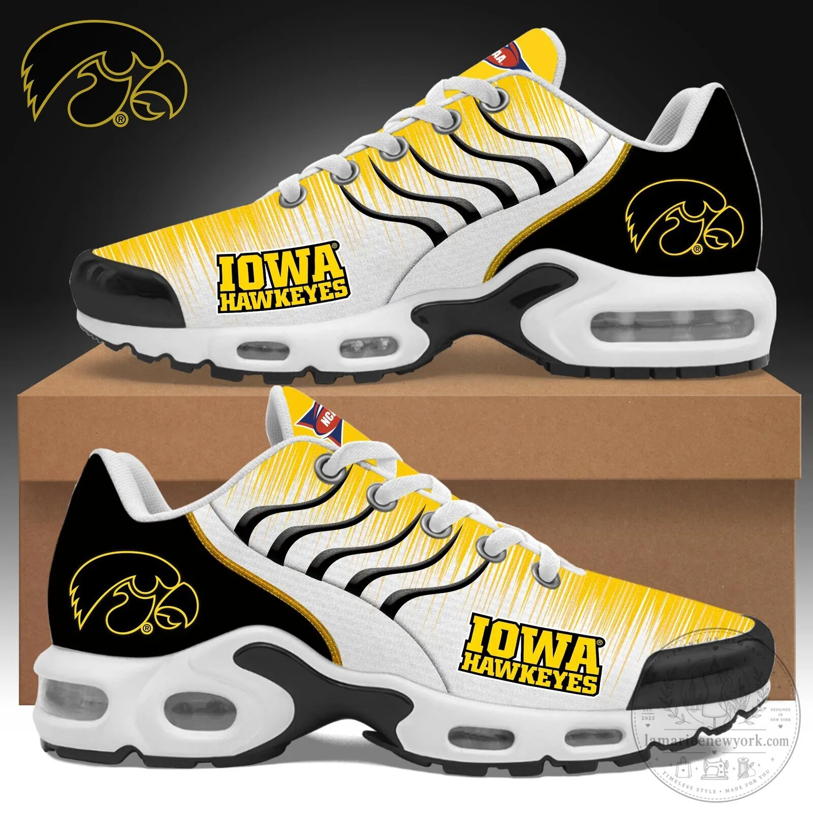Iowa Hawkeyes NCAA Team Logo Black and Gold Athletic Running Shoes