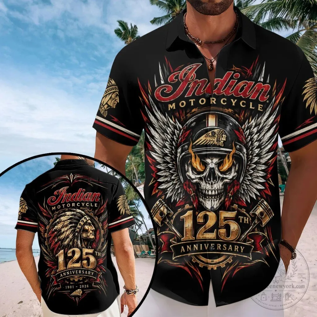 Indian Motorcycle 125th Anniversary Skull Wings Black Hawaiian Shirt 42 Indian Motorcycle 125th Anniversary Skull Wings Black Hawaiian Shirt