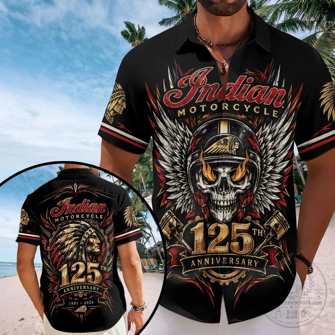 Indian Motorcycle 125th Anniversary Skull Wings Black Hawaiian Shirt