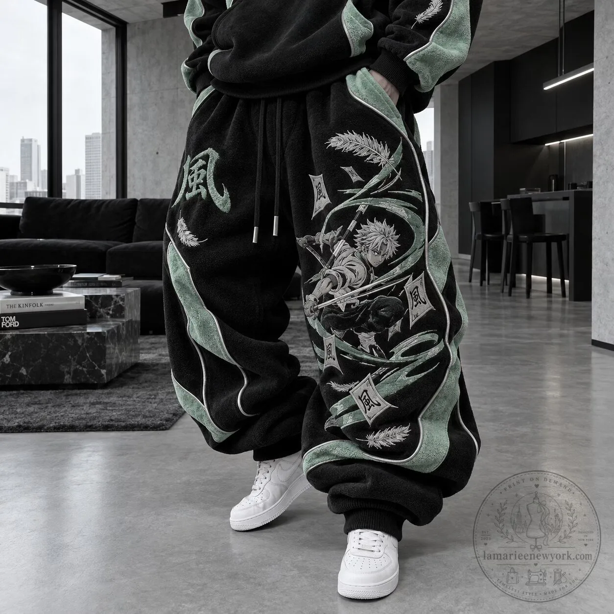 Anime Style Wind Demon Slayer Graphic Print Fleece Jogger Pants