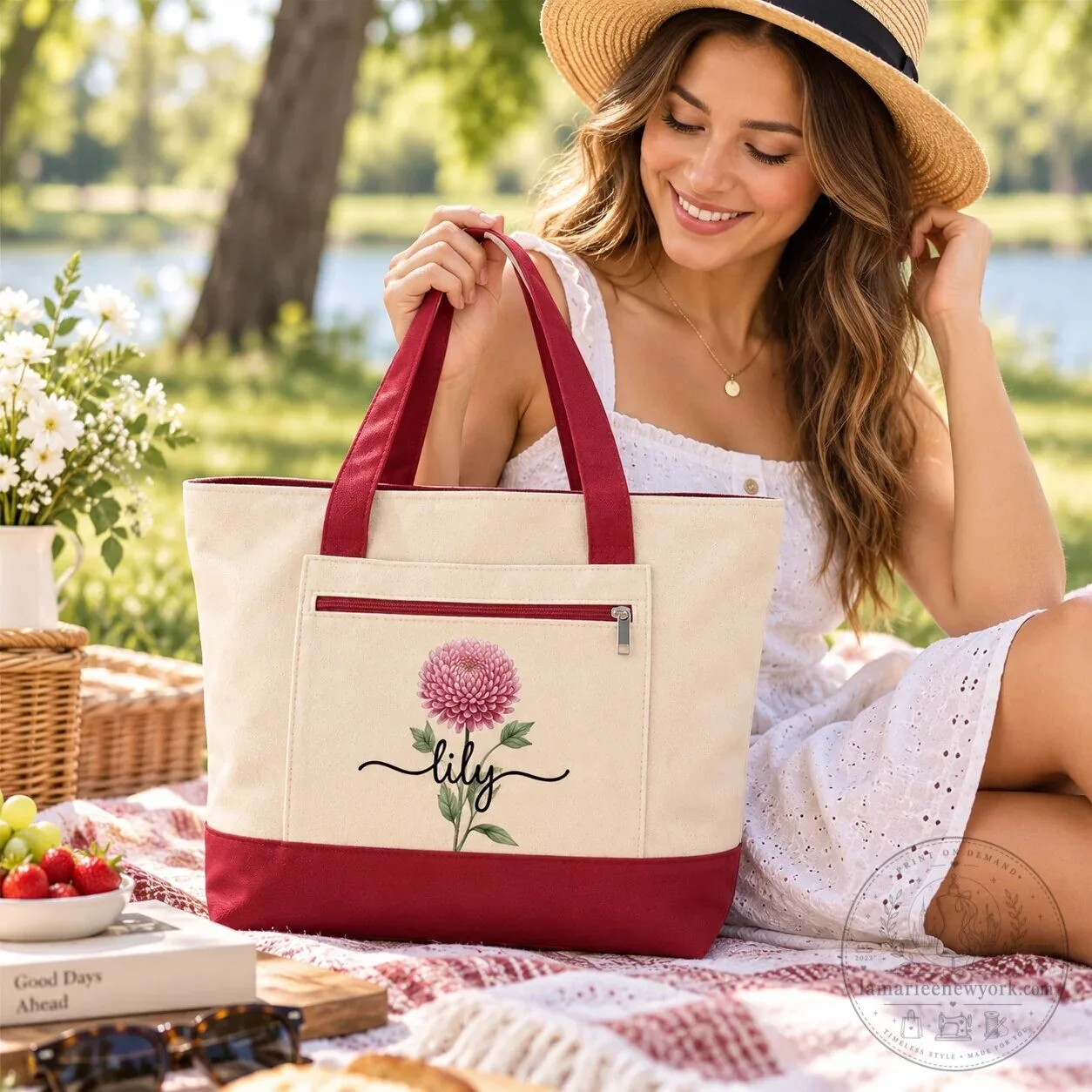 Personalized Birth Month Flower Canvas Tote Bag with Zipper for Women 17 Personalized Birth Month Flower Canvas Tote Bag with Zipper for Women