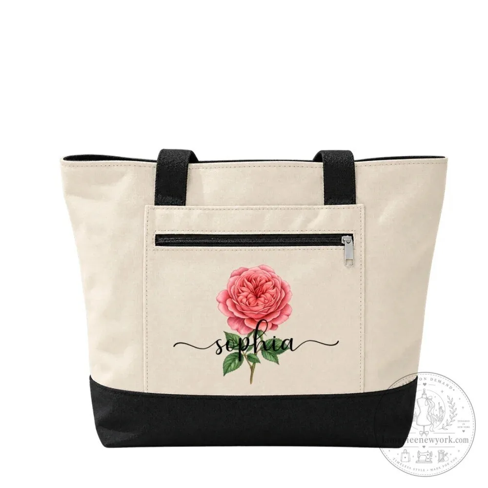 Personalized Birth Month Flower Canvas Tote Bag with Zipper for Women 23 Personalized Birth Month Flower Canvas Tote Bag with Zipper for Women