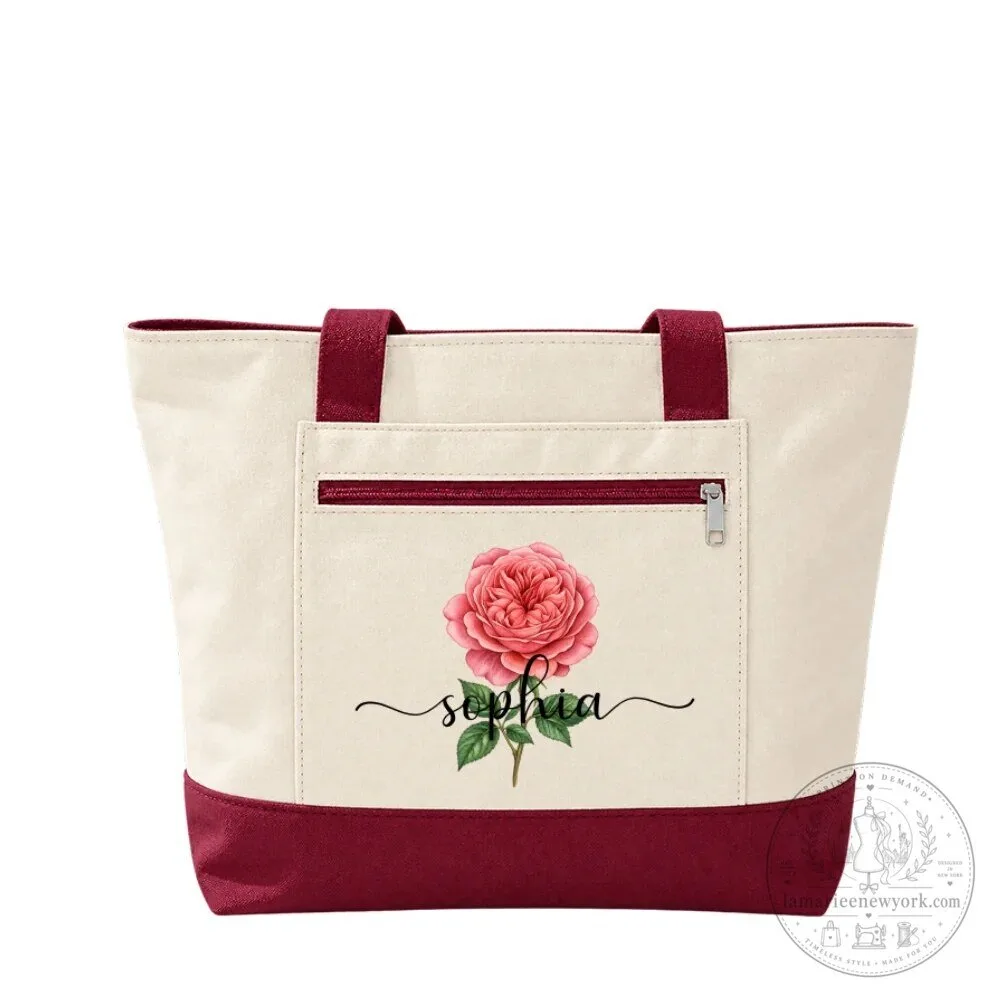 Personalized Birth Month Flower Canvas Tote Bag with Zipper for Women 24 Personalized Birth Month Flower Canvas Tote Bag with Zipper for Women