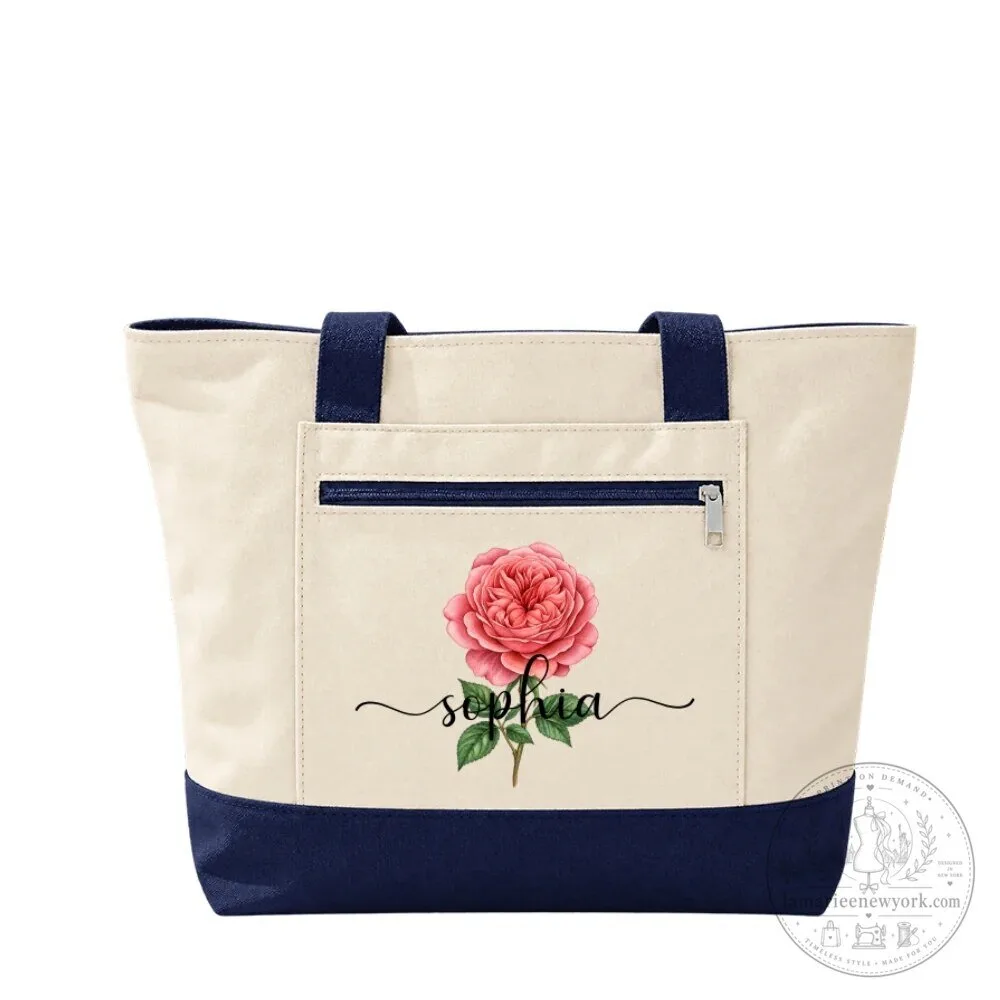 Personalized Birth Month Flower Canvas Tote Bag with Zipper for Women 25 Personalized Birth Month Flower Canvas Tote Bag with Zipper for Women