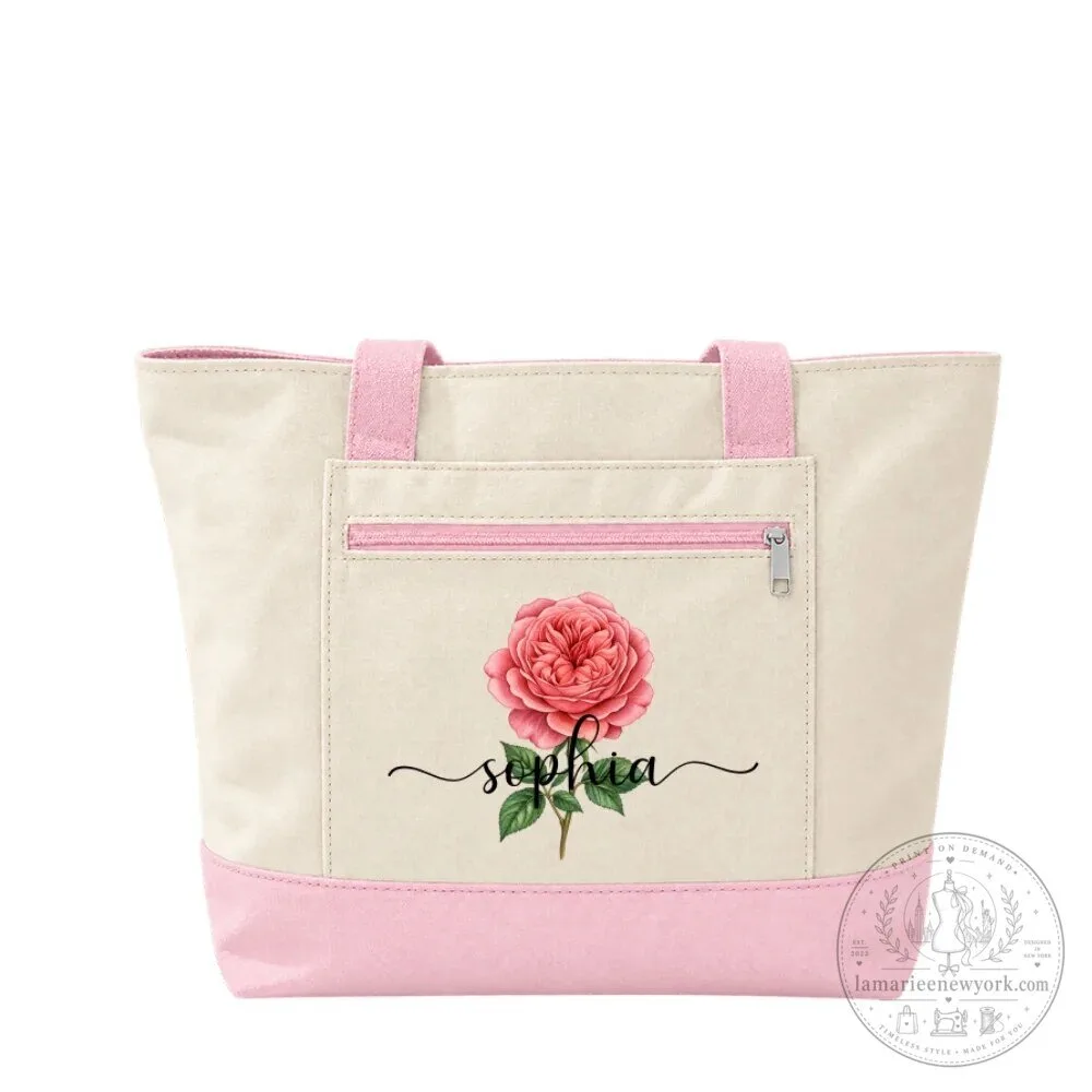 Personalized Birth Month Flower Canvas Tote Bag with Zipper for Women 26 Personalized Birth Month Flower Canvas Tote Bag with Zipper for Women
