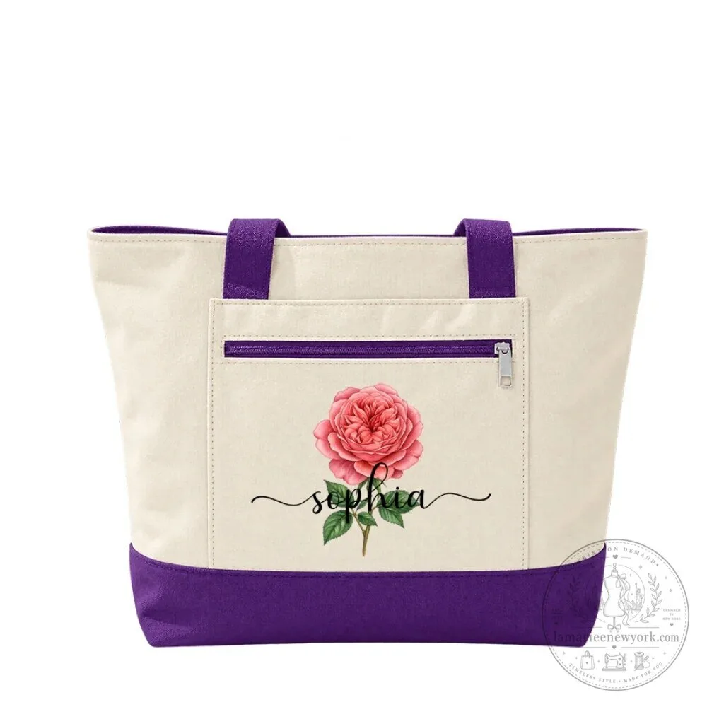 Personalized Birth Month Flower Canvas Tote Bag with Zipper for Women 27 Personalized Birth Month Flower Canvas Tote Bag with Zipper for Women