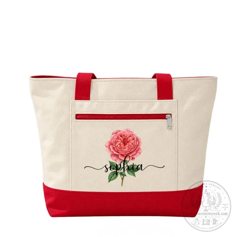 Personalized Birth Month Flower Canvas Tote Bag with Zipper for Women 28 Personalized Birth Month Flower Canvas Tote Bag with Zipper for Women