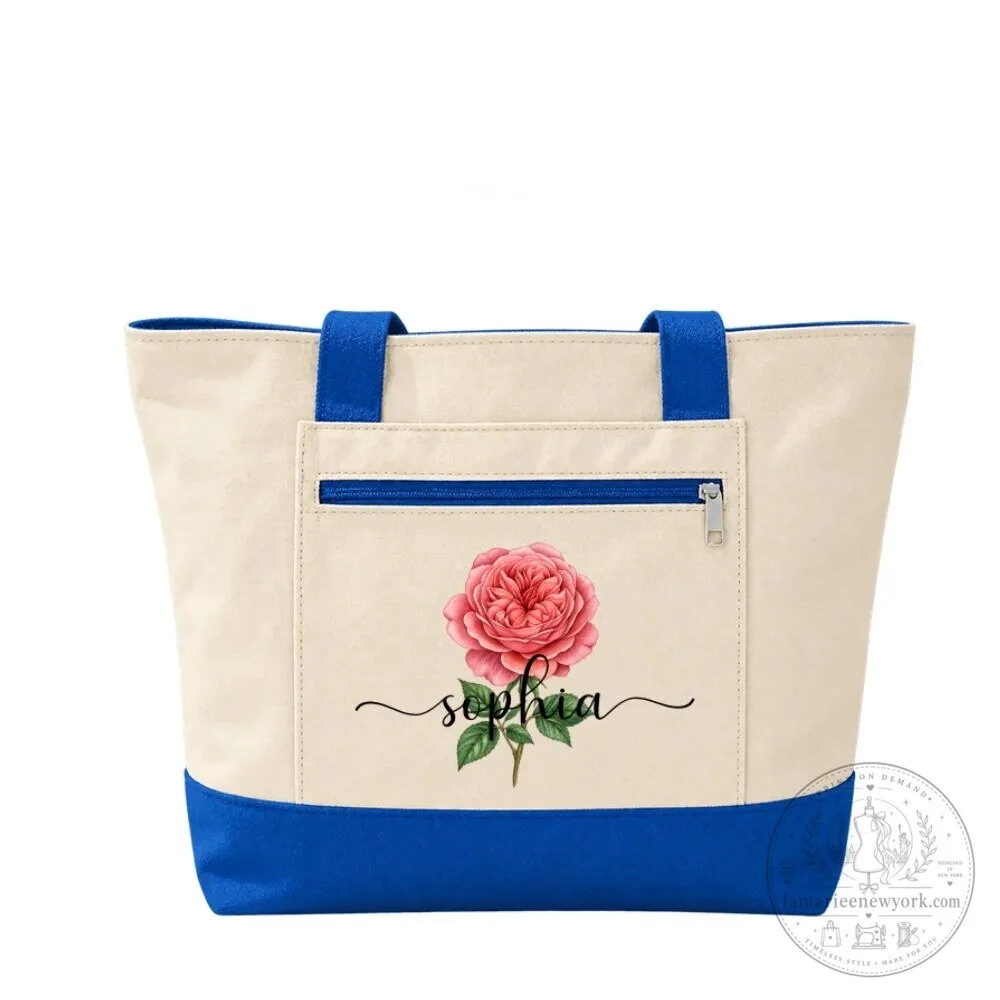 Personalized Birth Month Flower Canvas Tote Bag with Zipper for Women 29 Personalized Birth Month Flower Canvas Tote Bag with Zipper for Women