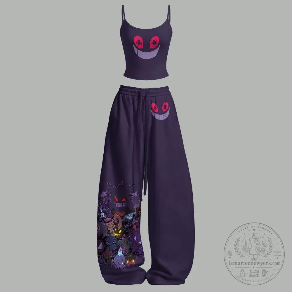 Pokemon Gengar Ghost Type Crop Top and Wide Leg Pants Set
