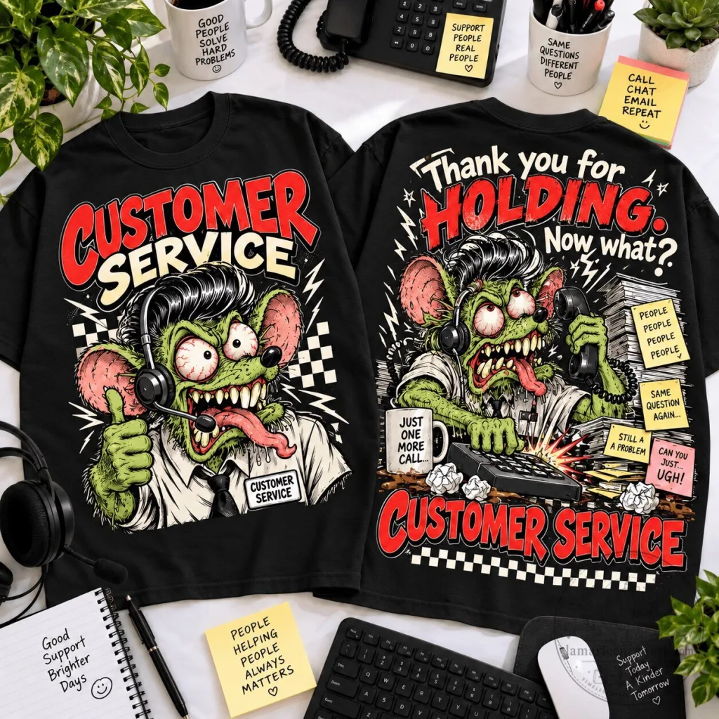 Rat Fink Customer Service Holding On The Line Funny Black T-Shirt 27 Rat Fink Customer Service Holding On The Line Funny Black T-Shirt